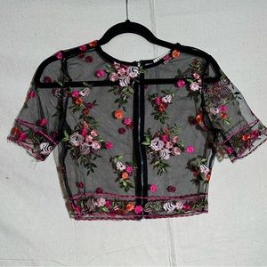 Embroidered floral mesh crop top